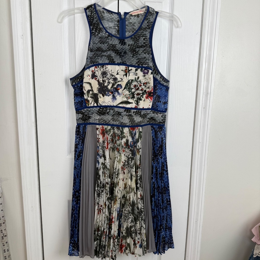 Rebecca Taylor Mixed Print Pleated Dress 4 Blue‎ Floral Silk Boho Eclectic